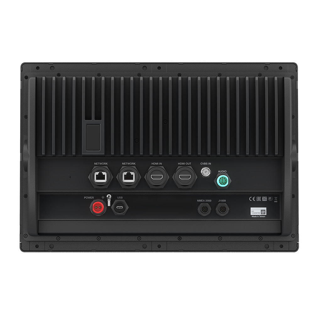Rear view of marine display with HDMI, USB, network, and audio ports for boat electronics installation