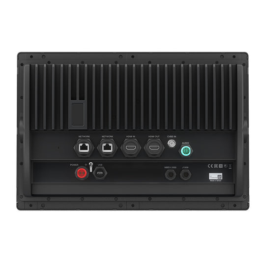 Rear view of marine display with HDMI, USB, network, and audio ports for boat electronics installation