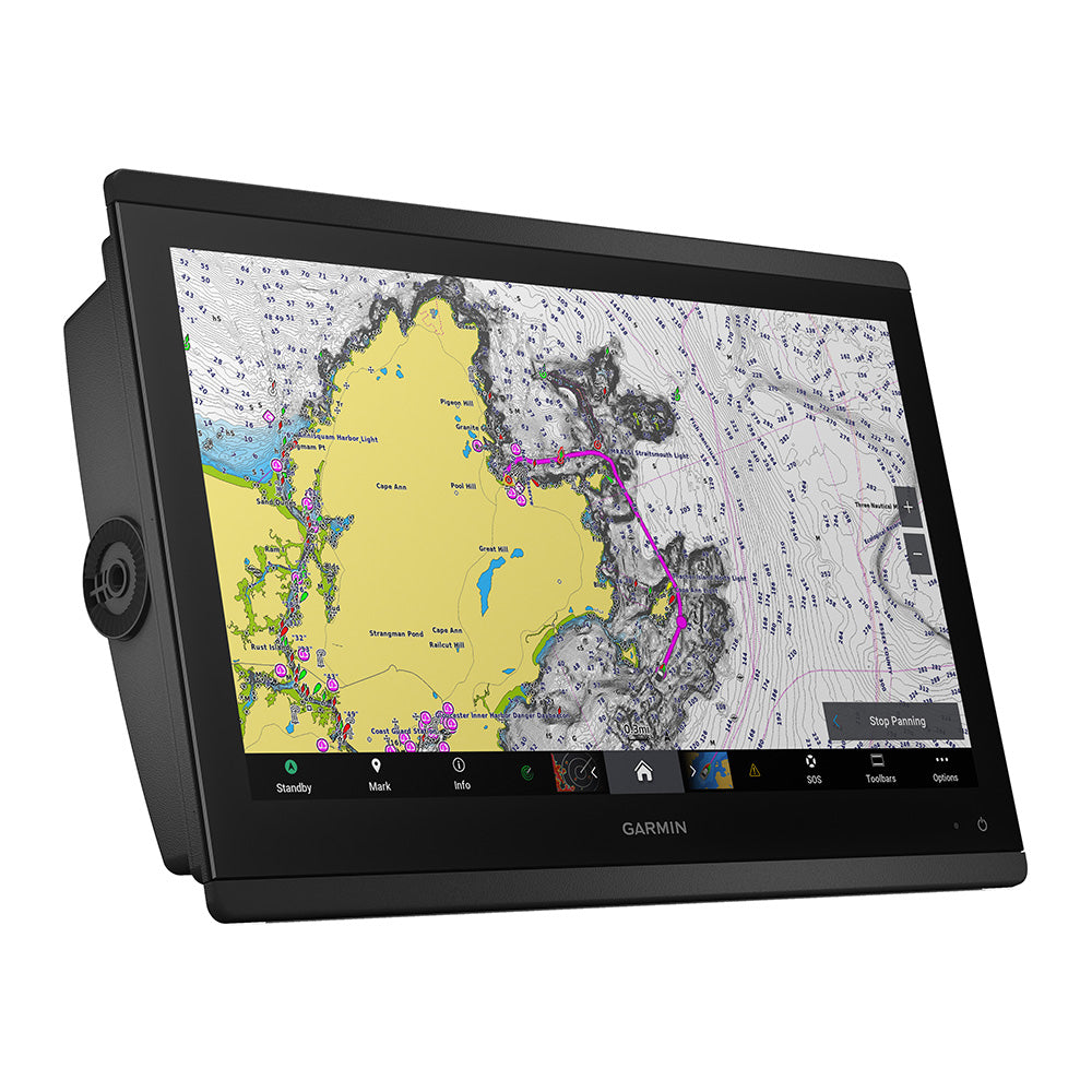Garmin marine GPS chartplotter displaying detailed nautical map with navigation route and depth contours