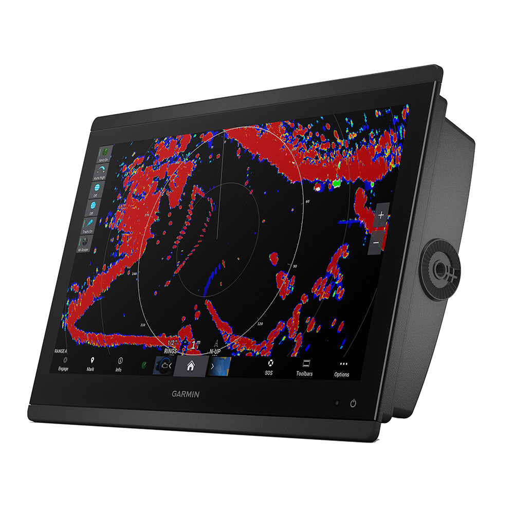 Garmin marine radar display showing colorful sonar and navigation data for boating safety and fish finding