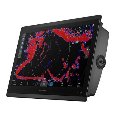 Garmin marine radar display showing colorful sonar and navigation data for boating safety and fish finding
