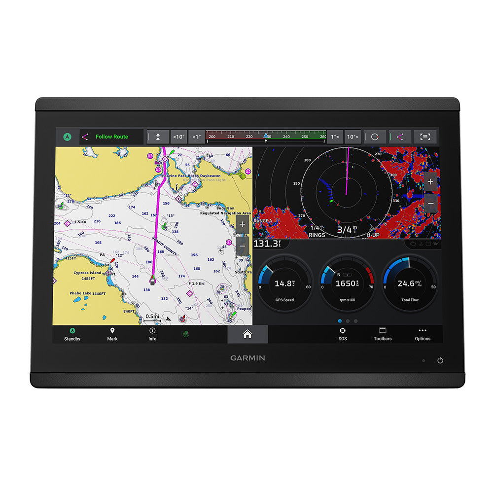 Garmin marine GPS chartplotter displaying navigation map, radar, and engine data for boating