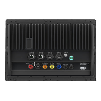 Rear panel of a professional display with HDMI, USB, network, and audio ports for commercial AV installation