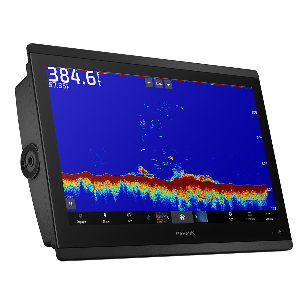 Garmin fish finder displaying depth and underwater terrain for marine navigation and fishing