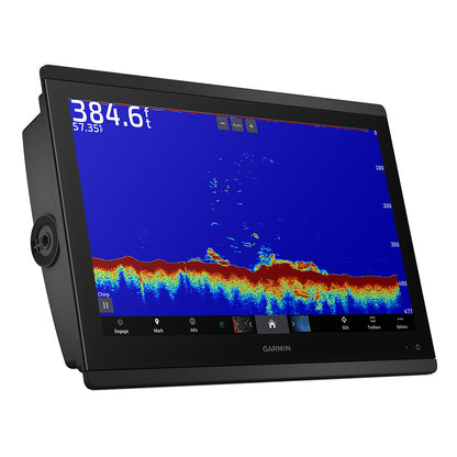 Garmin fish finder displaying depth and underwater terrain for marine navigation and fishing