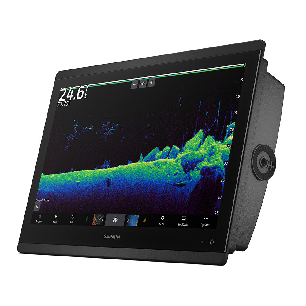 Garmin fish finder displaying underwater sonar with depth and temperature readings