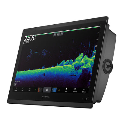 Garmin fish finder displaying underwater sonar with depth and temperature readings