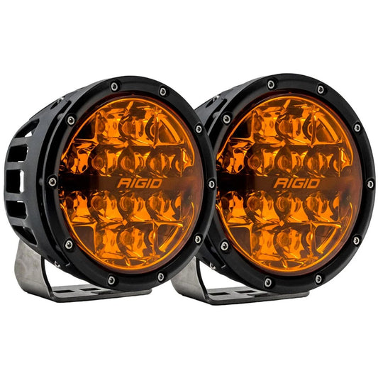 Rigid amber LED off-road lights with black housing and mounting brackets