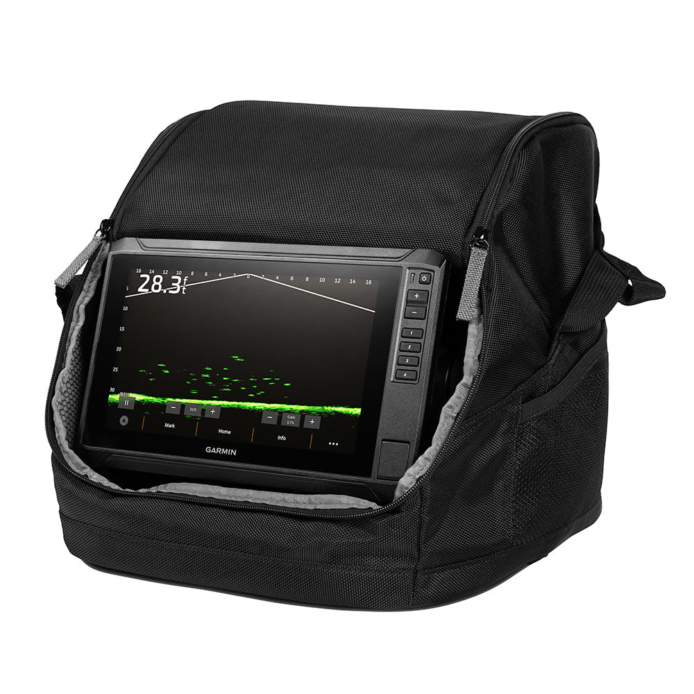 Garmin fish finder in protective black carrying case, displaying depth and sonar readings