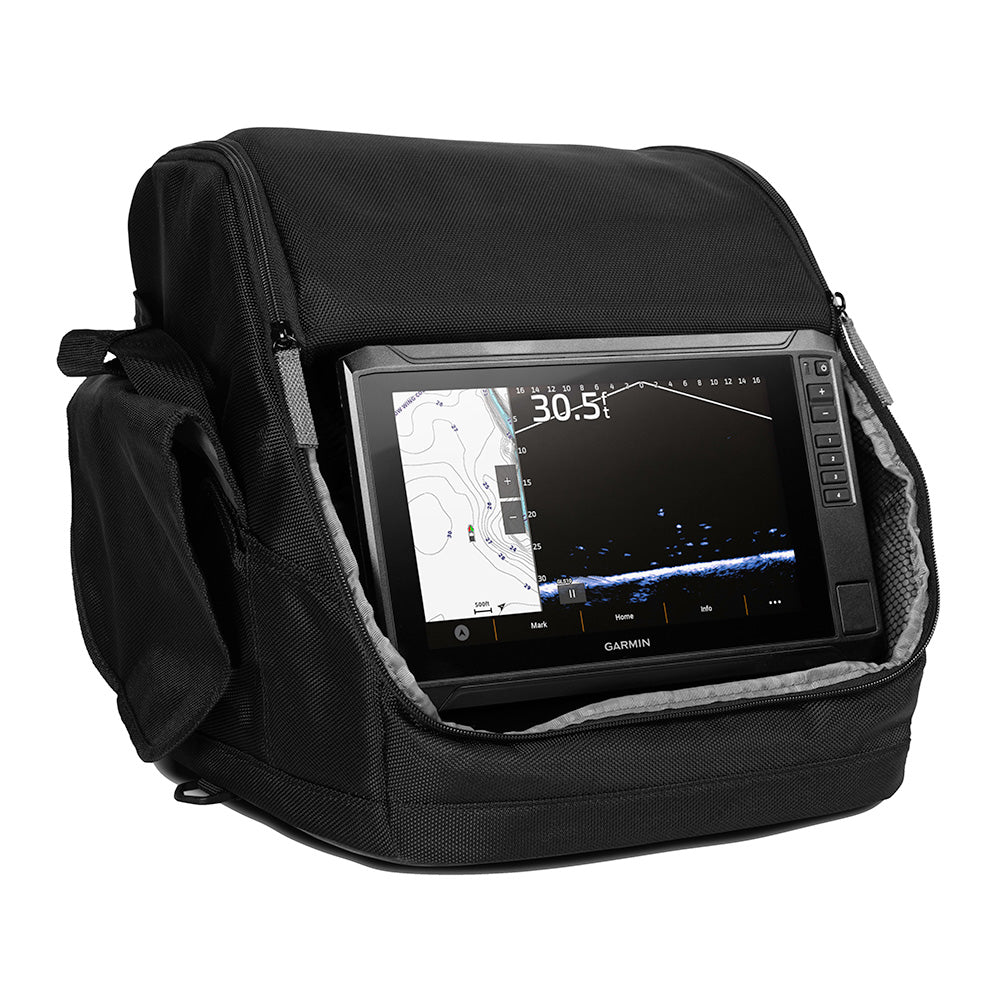 Garmin fish finder in protective black carrying case, displaying depth and sonar map