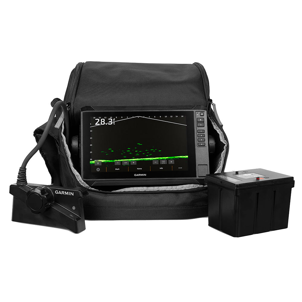 Garmin fish finder with transducer and battery, displaying depth and fish signals on screen