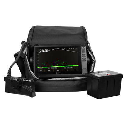 Garmin fish finder with transducer and battery, displaying depth and fish signals on screen