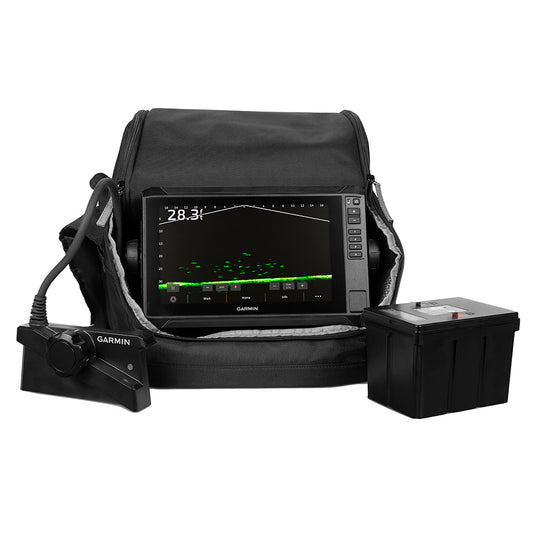 Garmin fish finder with transducer and battery, displaying depth and fish signals on screen