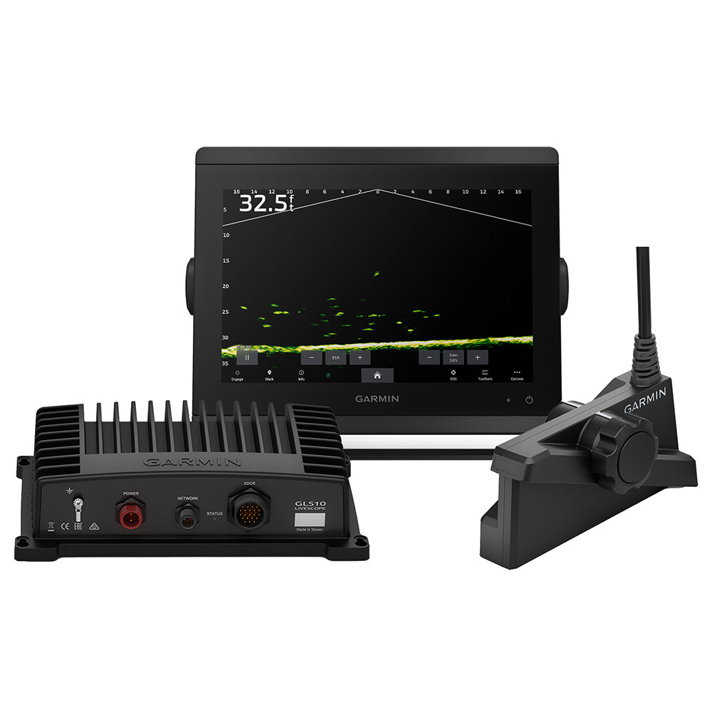 Garmin GLS 10 LiveScope fish finder with transducer and display showing depth and sonar